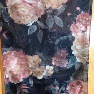 3/$15 Vintage Autumn Roses Floral Sheer Navy Blue Oblong Scarf Italy